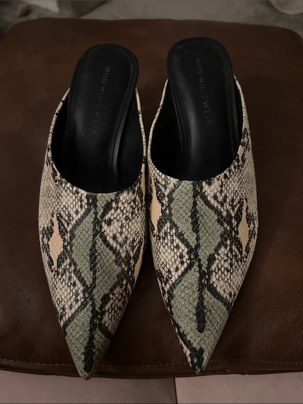 Who What Wear Pointed Snake-Print Slip-On Mules in Green & Beige